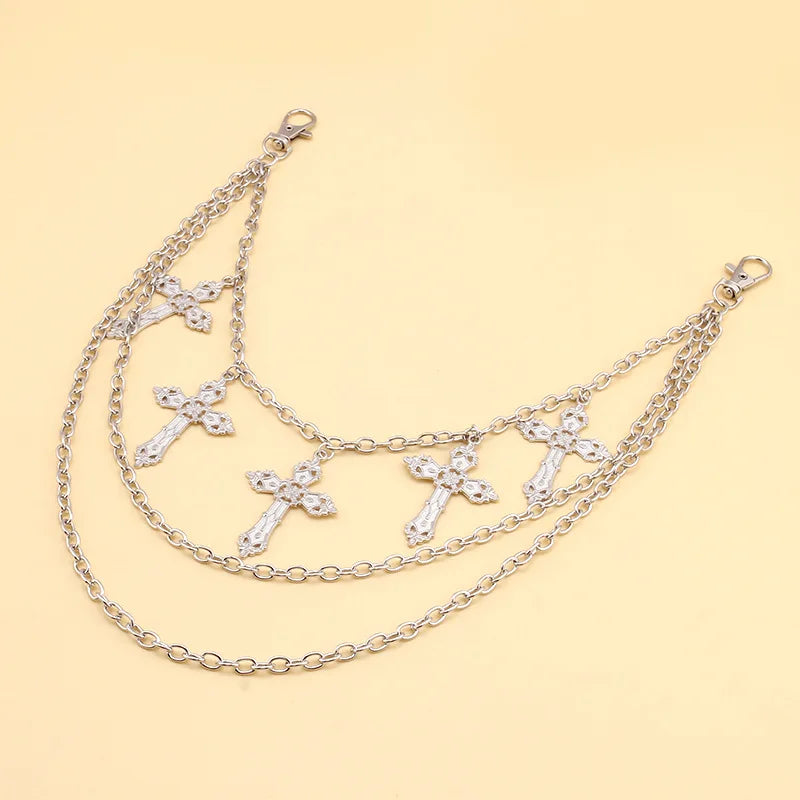 Punk Metal Cross Rivet Layered Chain Keychains for Men Women Waist Key Chain Wallet Jeans Hip-hop Pants Belt Jewelry Accessories