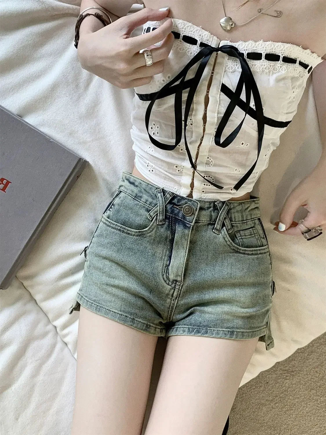 Light Blue Tight Short Jean Pants Woman Comfy Summer Aesthetic 2000s Clothes Y2k Elegant Youthful XL Kpop Denim Shorts for Women