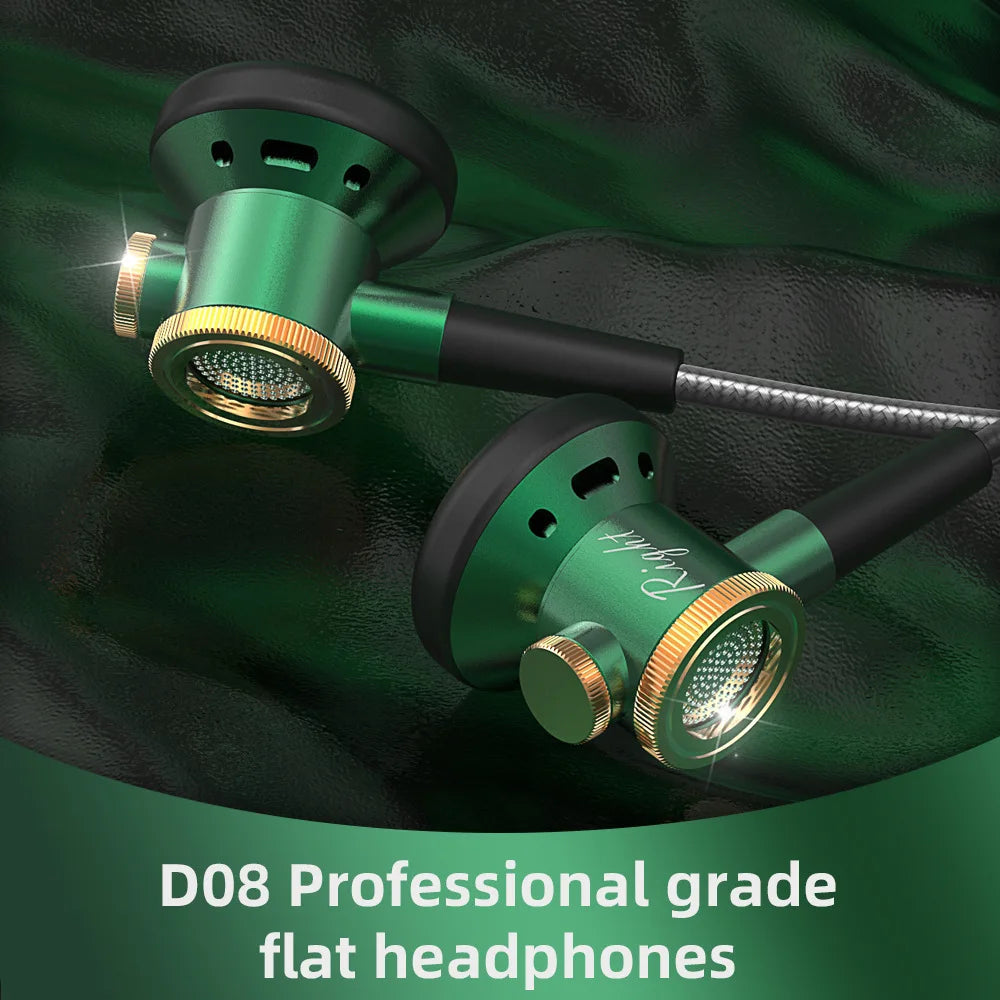 D08 Metal HiFi Headphones Flat Head Earphone with Microphone Wired Clear Sound Bass Headset for Gym Sports Running Music Game