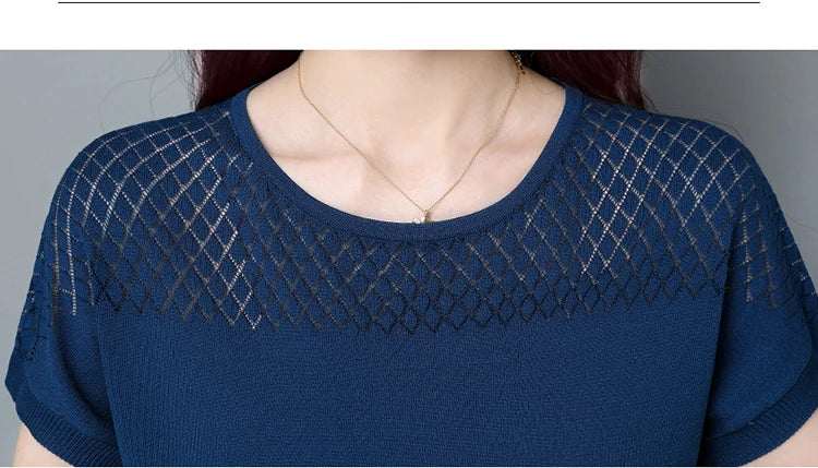 2024 Summer Ladies Knitted Top Short Sleeve Tshirt Hollow Out T Shirt Women Loose Elegant Tee Shirt Femme Casual Clothes T-shirt
