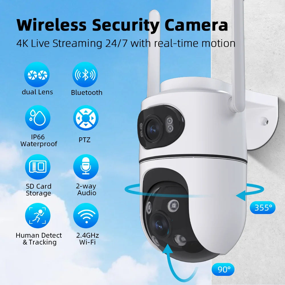 4K 8MP Dual Lens Wifi Surveillance Camera 4X Digital Zoom AI Human Detect ONVIF Wireless Outdoor Security PTZ IP Cameras
