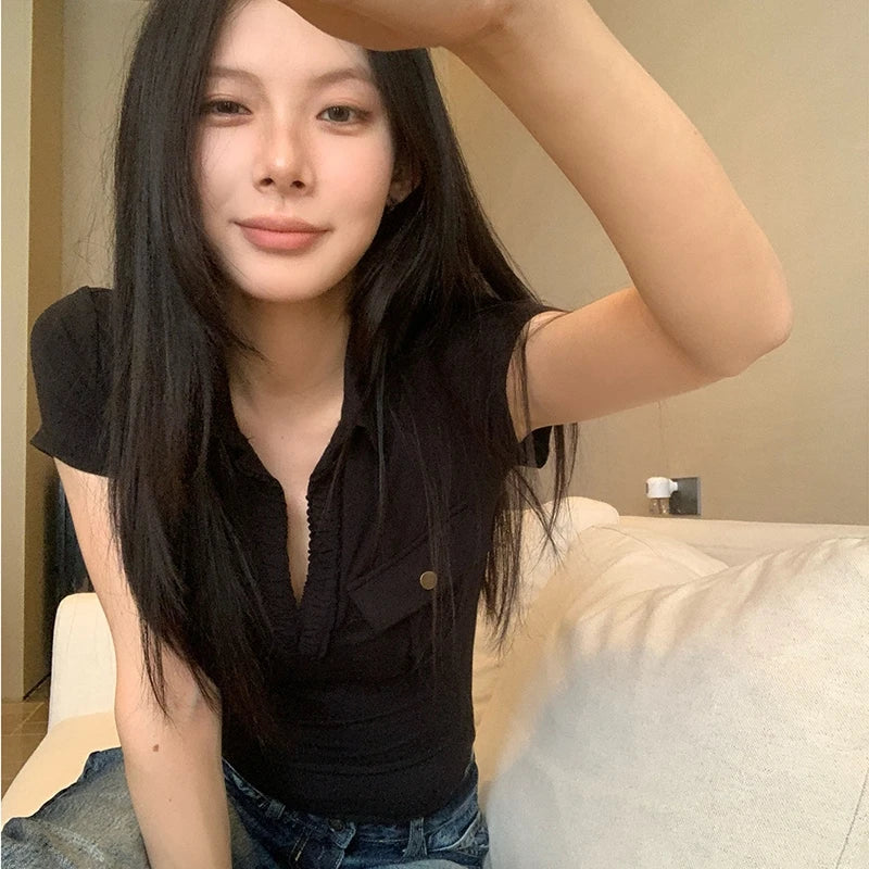 Tawaaiw Casual Pocket T-shirt Woman Clothes Short Sleeve Turn-down Collar Korean Fashion 2000s Clothes Y2k Summer Tops Tees