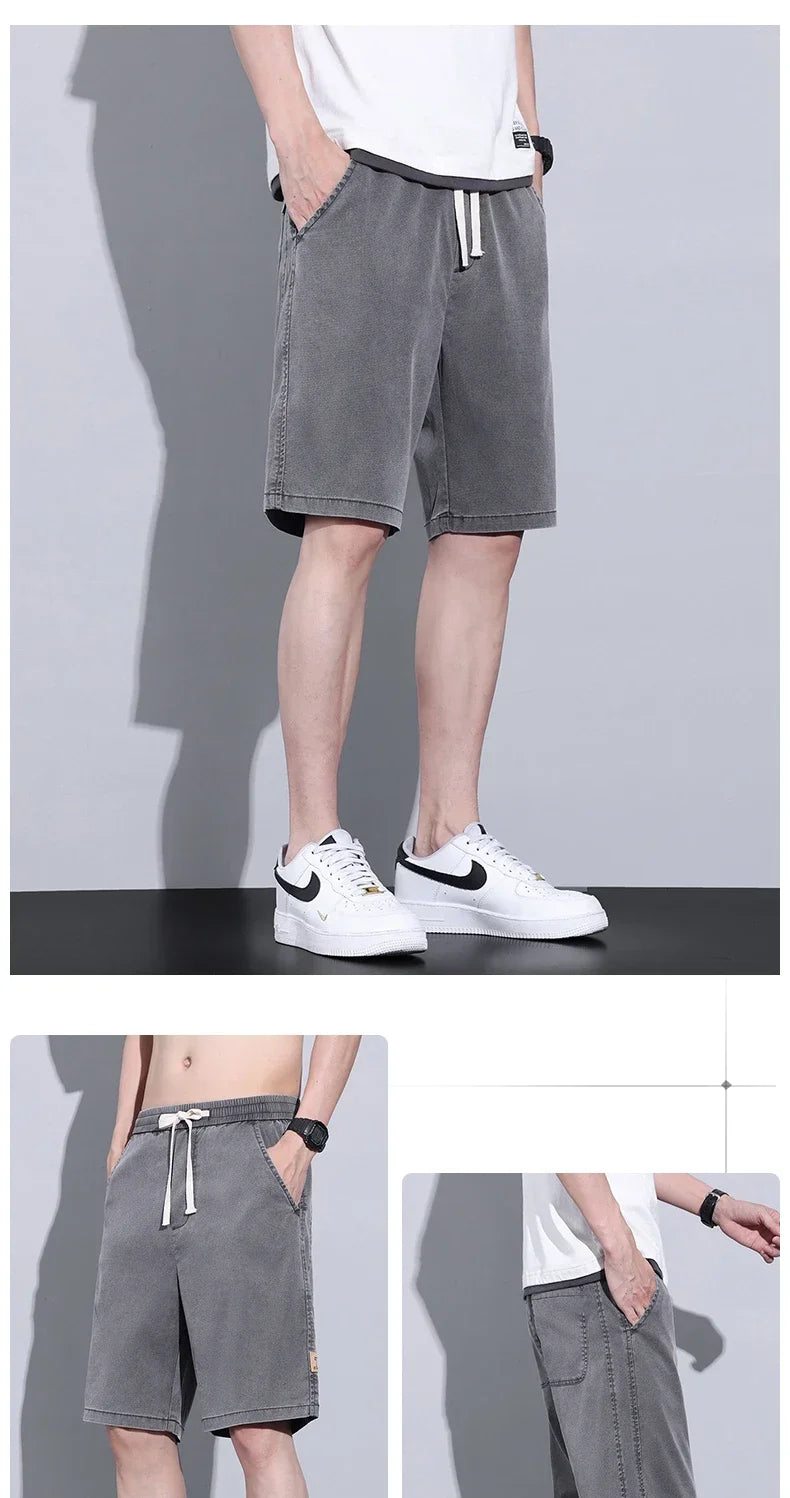 Soft Cosy Lyocell Thin Men's Denim Shorts Summer Clothes Loose Pants Drawstring Elastic Waist Korea Casual Short Plus Size M-5XL