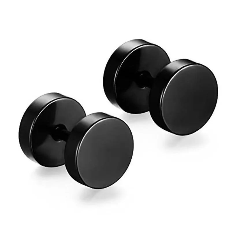 2Pcs Man Women Barbell Punk Gothic Stainless Steel Earring Studs, Black Silver Color Ear Piercing Jewelry