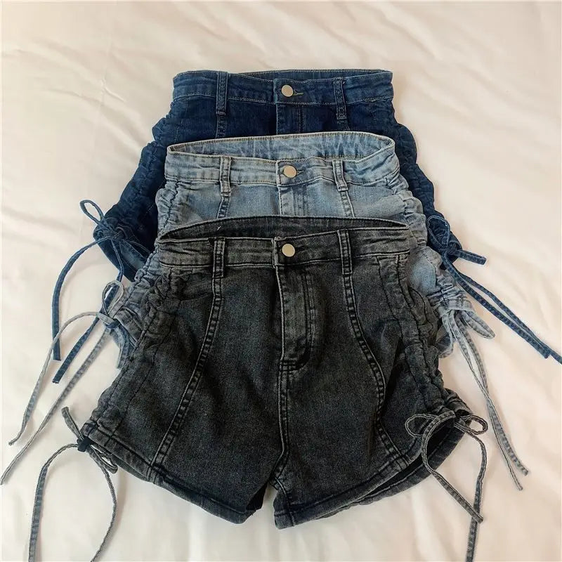 Sexy Skinny Women's High Waist Denim Shorts Fashion Clothing 2025 Streetwear Summer Drawstring Lace-up Female Short Jeans Pants