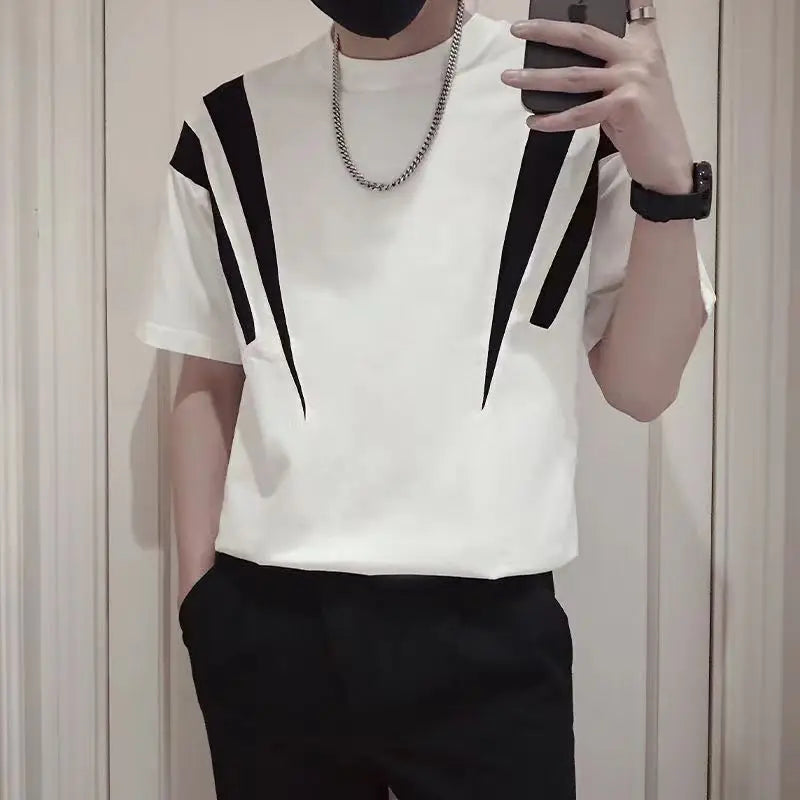 Summer New Fashion Simple Men Short Sleeve T-shirt Korean Contrasting Loose New Round Neck Patchwork Casual Versatile Thin Tops