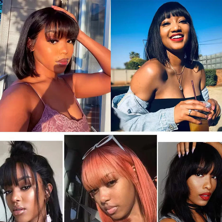 Straight Bob Wig With Bangs For Women Peruvian Full Machine Made Wig for Women Natural Color 100% Human Hair Wigs Short Bob Wig