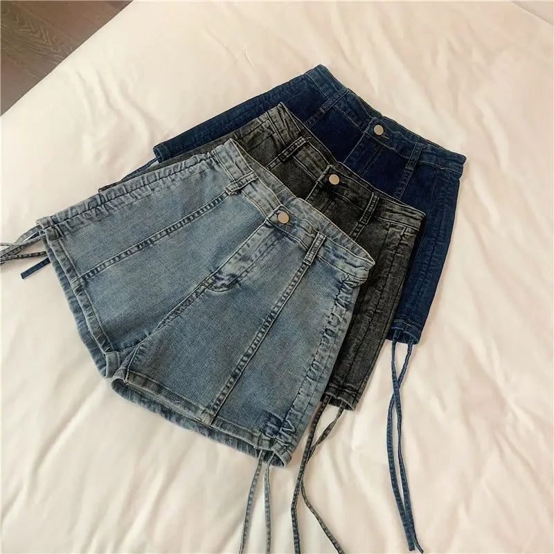 Sexy Skinny Women's High Waist Denim Shorts Fashion Clothing 2025 Streetwear Summer Drawstring Lace-up Female Short Jeans Pants