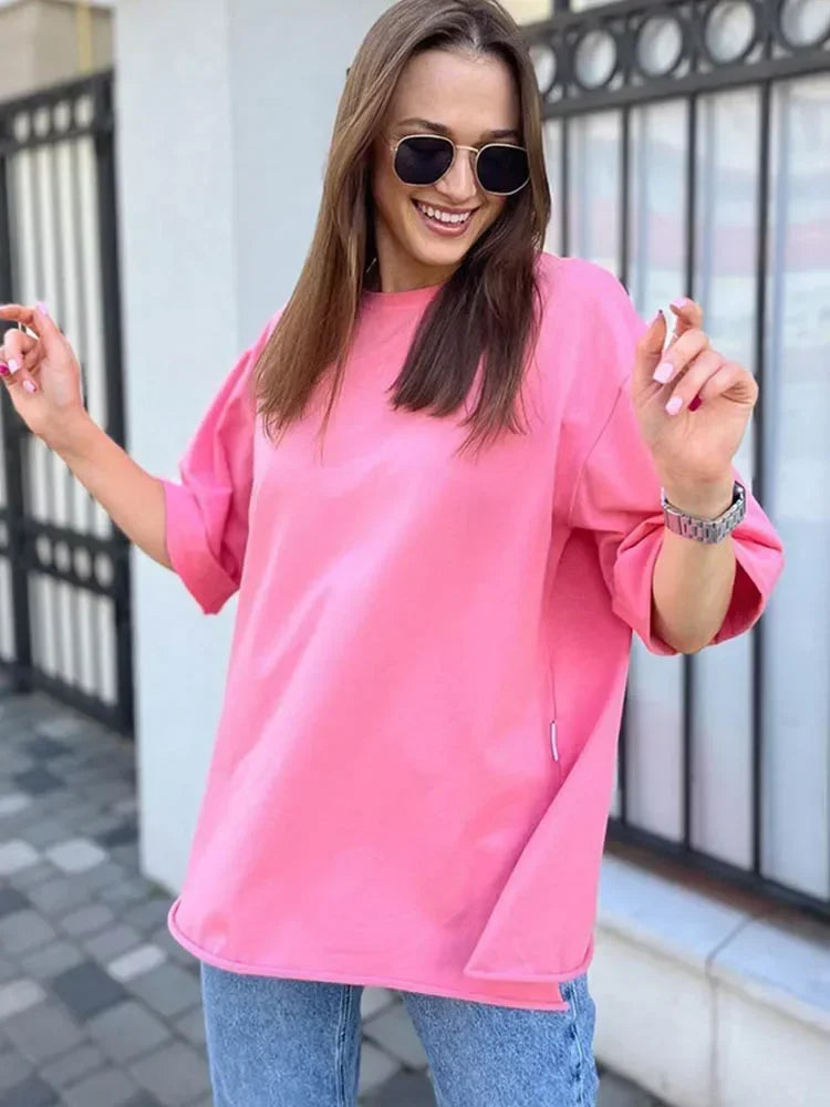 Summer Women's T-shirt Short Sleeve 100 % Cotton Oversized T-shirts Loose Casual O Neck Solid Blue Orange Tees Clothes for Women