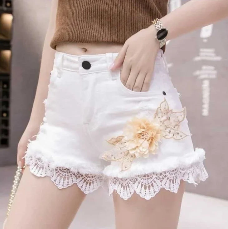 Denim Shorts for Women High Waist Flowers Short Jean Pants Woman To Wear 2000s Clothes Y2k 2025 Classic Casual Fashion Clothing