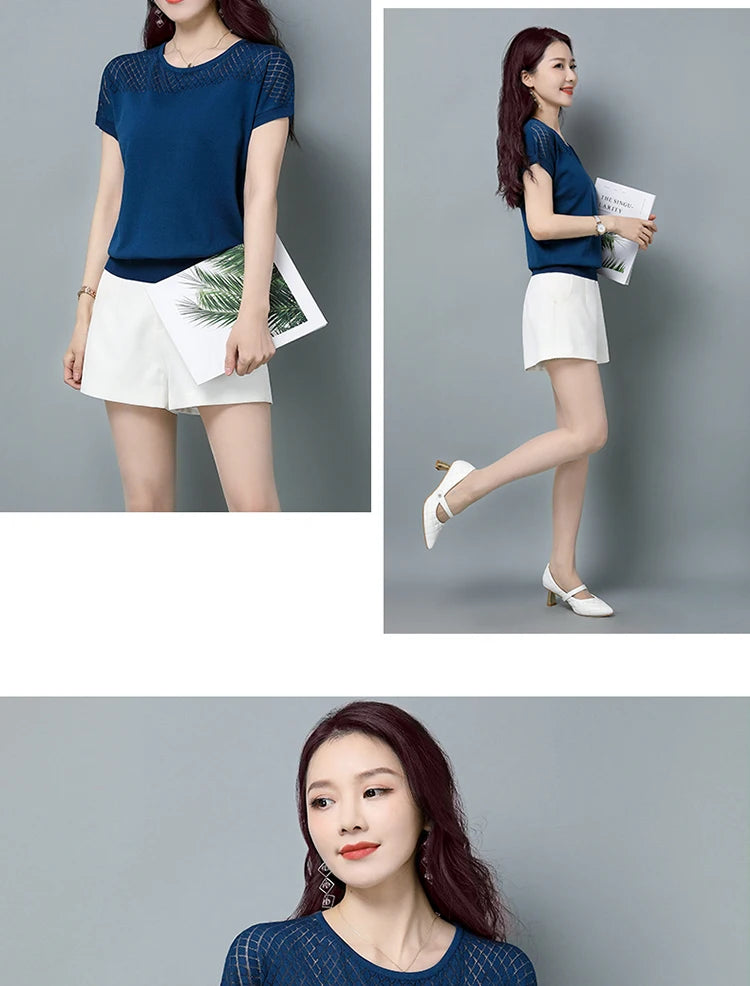 2024 Summer Ladies Knitted Top Short Sleeve Tshirt Hollow Out T Shirt Women Loose Elegant Tee Shirt Femme Casual Clothes T-shirt