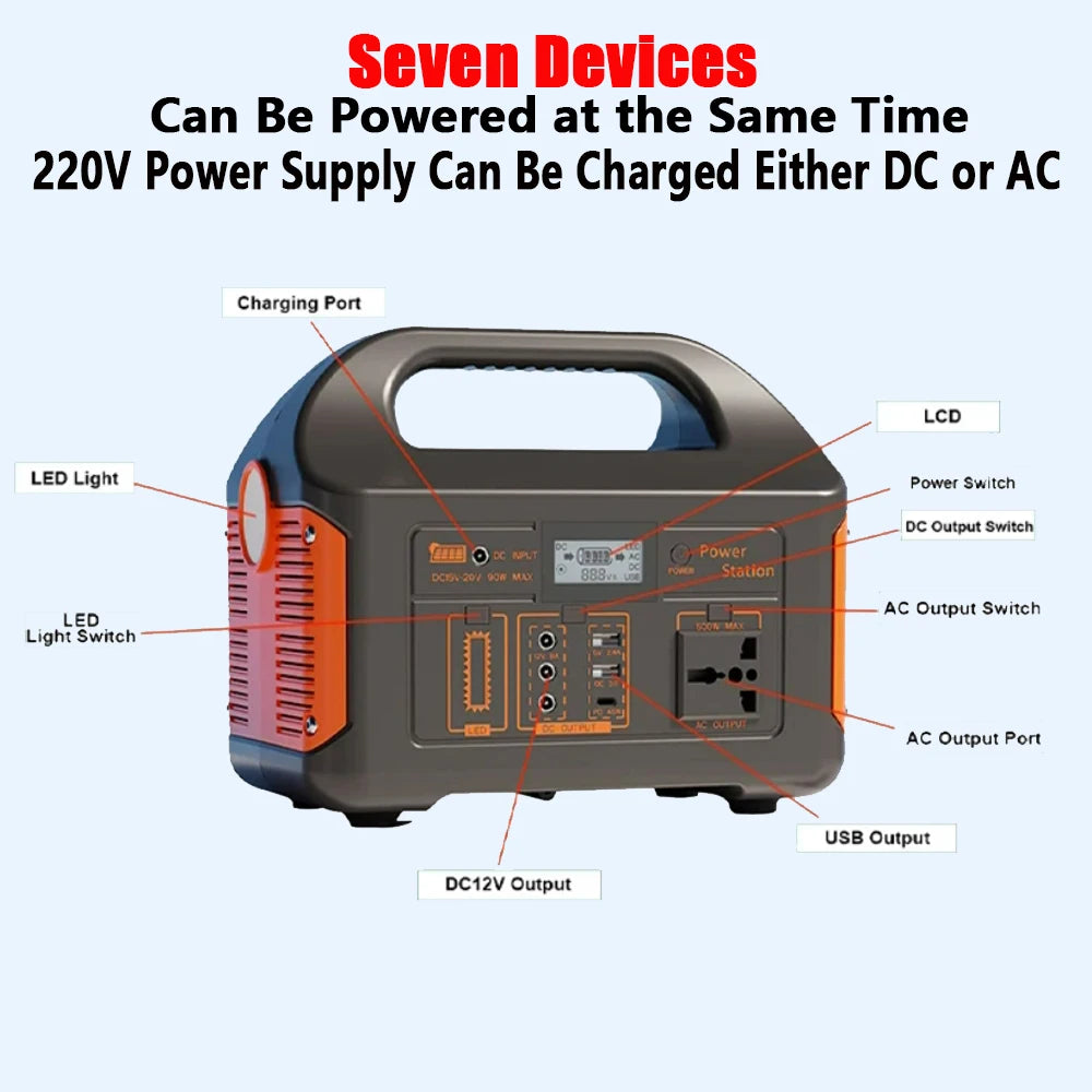 Outdoor Portable 500W LiFeP04 Power Station Power Generator 110V 220V LED Light Emergency Solar Power Bank for Home Camping