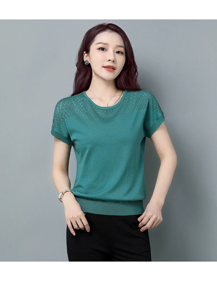 2024 Summer Ladies Knitted Top Short Sleeve Tshirt Hollow Out T Shirt Women Loose Elegant Tee Shirt Femme Casual Clothes T-shirt