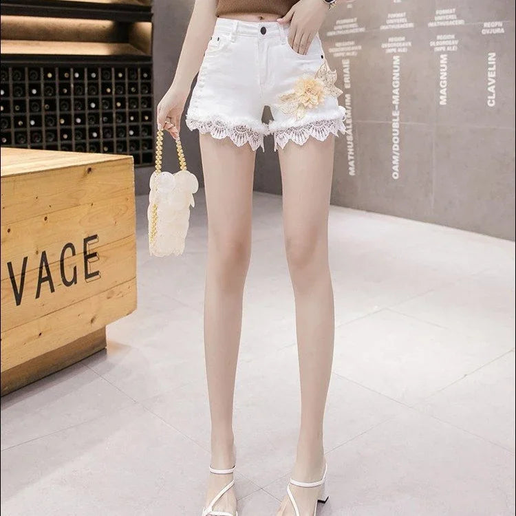 Denim Shorts for Women High Waist Flowers Short Jean Pants Woman To Wear 2000s Clothes Y2k 2025 Classic Casual Fashion Clothing