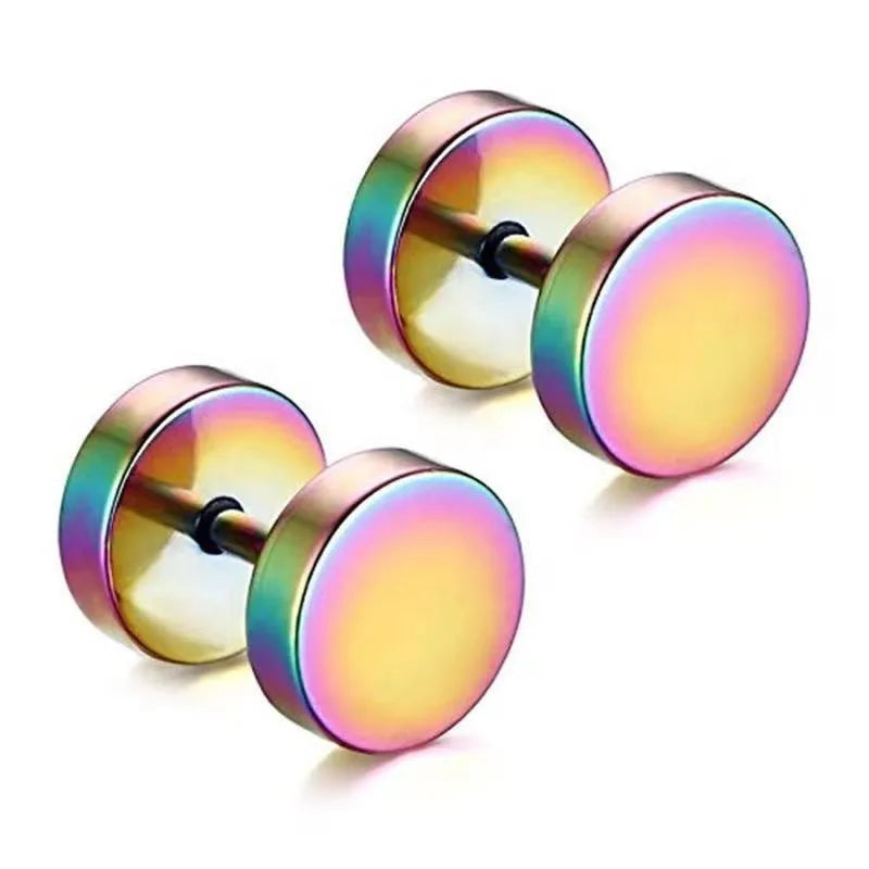2Pcs Man Women Barbell Punk Gothic Stainless Steel Earring Studs, Black Silver Color Ear Piercing Jewelry