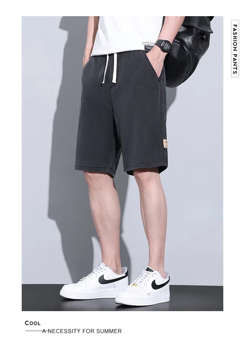 Soft Cosy Lyocell Thin Men's Denim Shorts Summer Clothes Loose Pants Drawstring Elastic Waist Korea Casual Short Plus Size M-5XL