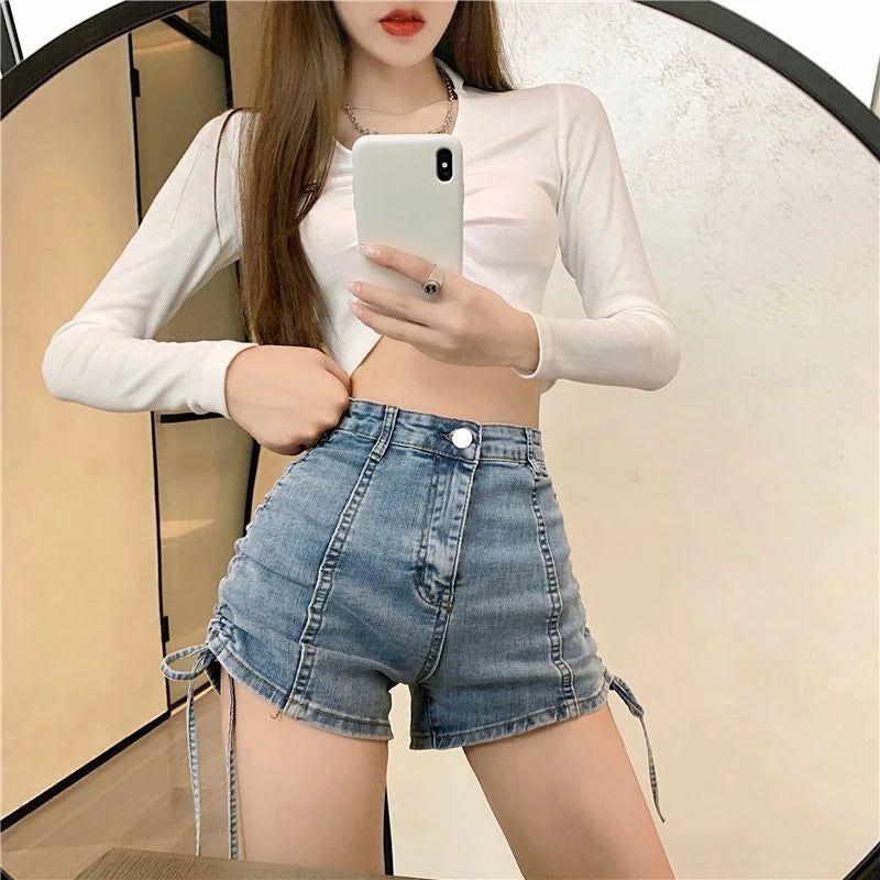 Sexy Skinny Women's High Waist Denim Shorts Fashion Clothing 2025 Streetwear Summer Drawstring Lace-up Female Short Jeans Pants
