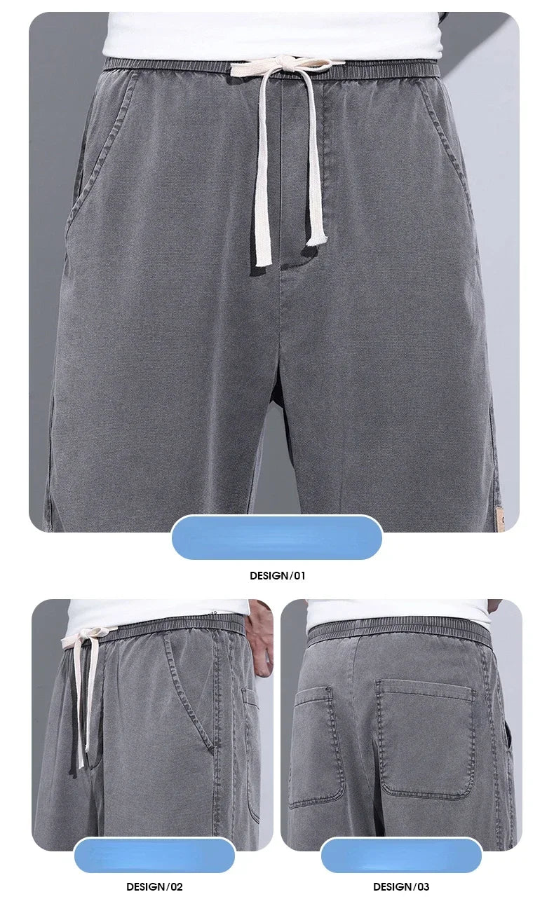 Soft Cosy Lyocell Thin Men's Denim Shorts Summer Clothes Loose Pants Drawstring Elastic Waist Korea Casual Short Plus Size M-5XL