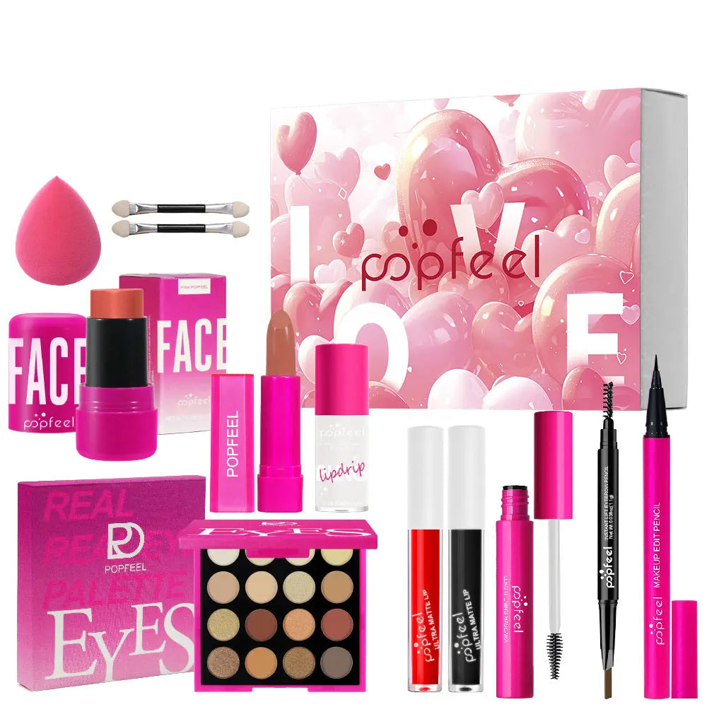 POPFEEL 12-Piece Valentine's Day Makeup Set - Includes Eyeshadow, Blush, Lipstick, Lip Gloss, Mascara, Eyebrow Pencil, Eyeliner.