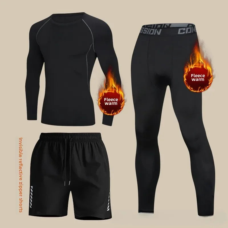 Men's Thermal Plush Base Layer Set Winter Thickened Running Trainning Quick Drying Clothes Fitness Tight Sports Men's Sweats Set