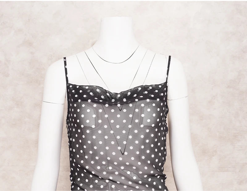 2025 Black Fashion Polka Dots Sundress Sexy See Through Spaghetti Strap Maxi Dress Women Summer Clothes Party Slip Dresses A1259