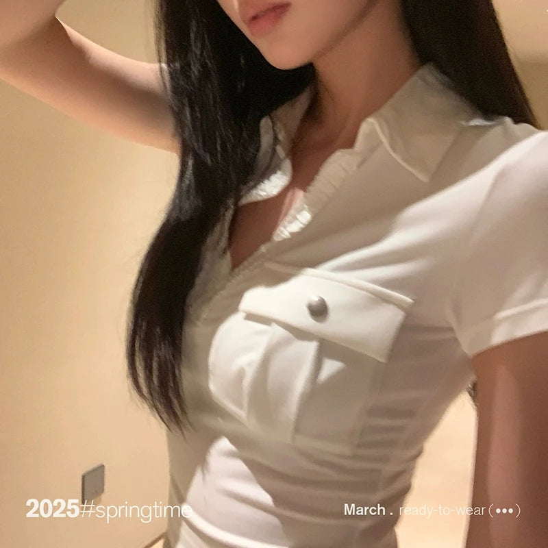 Tawaaiw Casual Pocket T-shirt Woman Clothes Short Sleeve Turn-down Collar Korean Fashion 2000s Clothes Y2k Summer Tops Tees