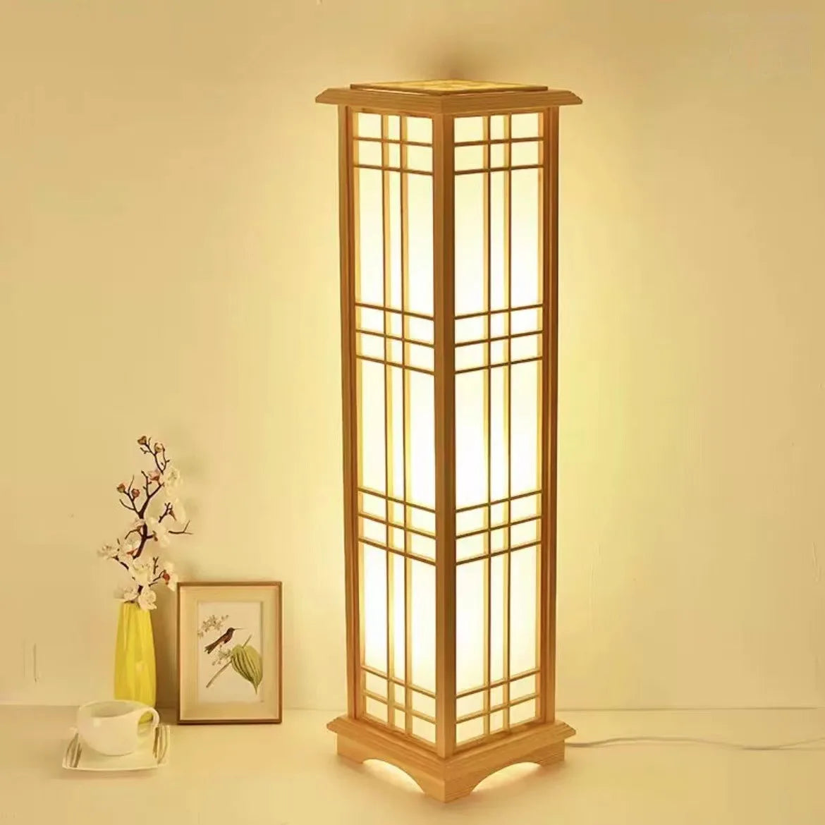 Modern Japanese Neutral Charming LED Lihting Foor Lamp Tatami Style Square Wood Made for Living Room Bedroom Home Decorative