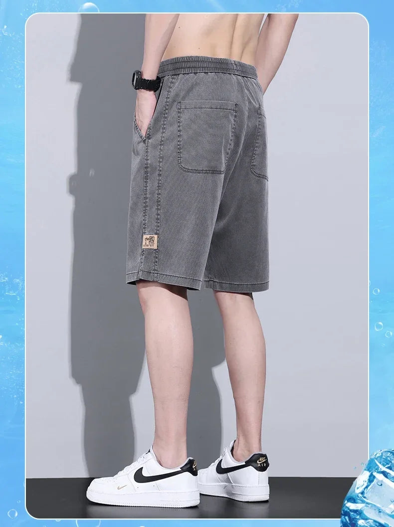 Soft Cosy Lyocell Thin Men's Denim Shorts Summer Clothes Loose Pants Drawstring Elastic Waist Korea Casual Short Plus Size M-5XL
