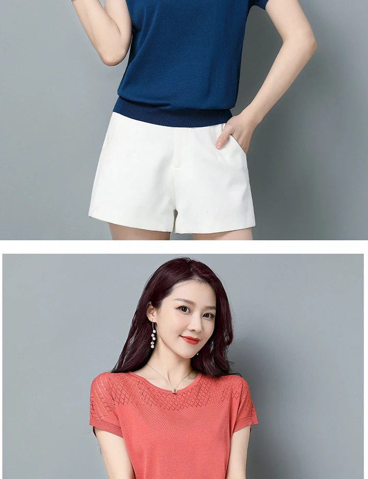 2024 Summer Ladies Knitted Top Short Sleeve Tshirt Hollow Out T Shirt Women Loose Elegant Tee Shirt Femme Casual Clothes T-shirt