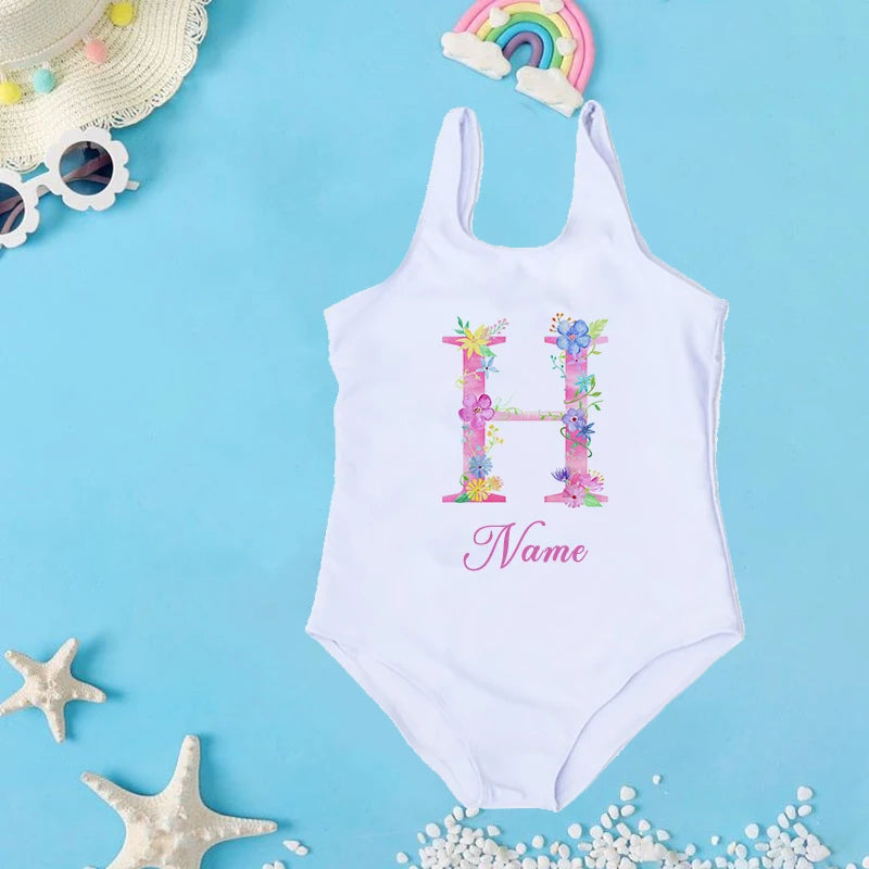 Personalized Custom Initial Name Baby Girl Swimsuit 2-7 Year One Piece Swimwear Children's Beach Clothes Kid Summer Bathing Suit