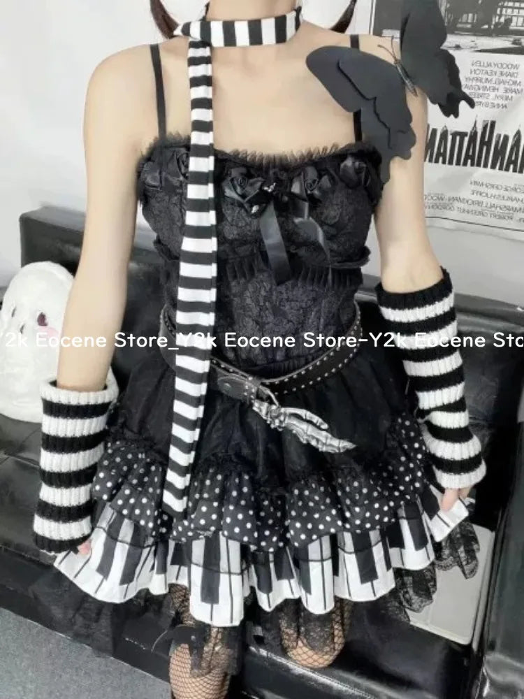 Y2k Dark Gothic Punk Black White Short Skirt Women Hot Chick Y2k Polka Dot Ruffle Cake Skirt Female Cute Chic Lolita Lace Skirts