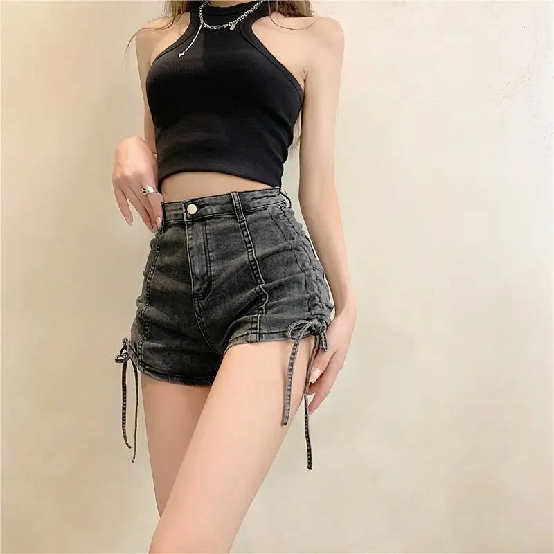 Sexy Skinny Women's High Waist Denim Shorts Fashion Clothing 2025 Streetwear Summer Drawstring Lace-up Female Short Jeans Pants