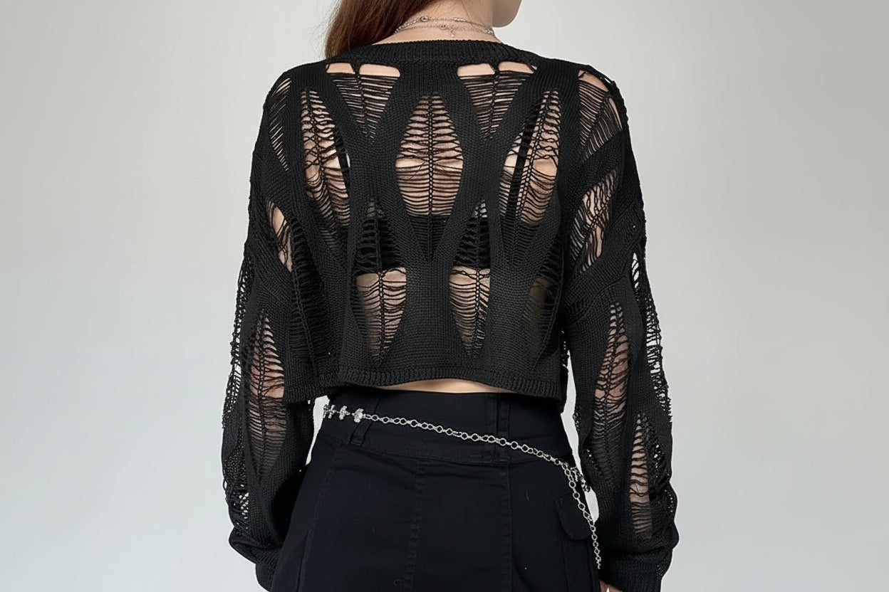 Perforated Hollow Out Knitted Blouse Sunscreen Long Sleeve Top Gothic Dark Black Sexy Thin Sweater Women's Summer Chic Crop Tops