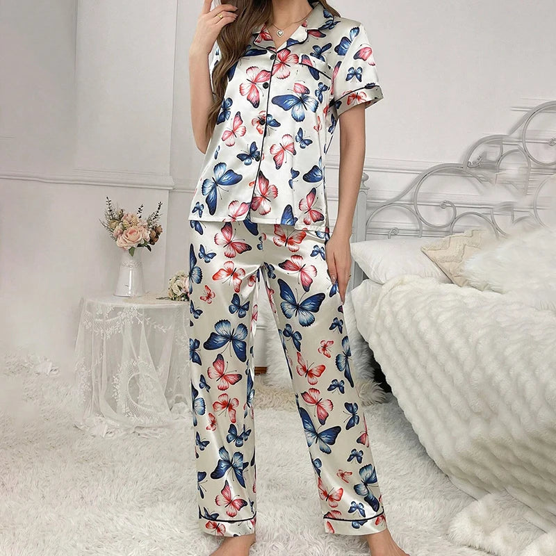 Butterfly Print Pajamas Women Autumn Short Sleeve Buttons Top & Long Pants Pajama Pj Sets Ladies Sleepwear Loungewear Nightwear