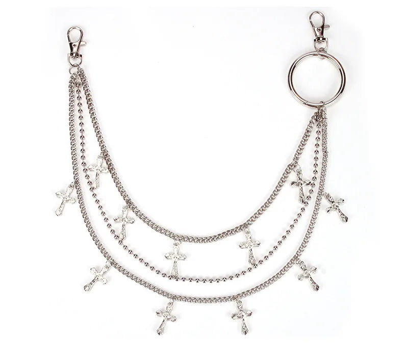 Punk Metal Cross Rivet Layered Chain Keychains for Men Women Waist Key Chain Wallet Jeans Hip-hop Pants Belt Jewelry Accessories