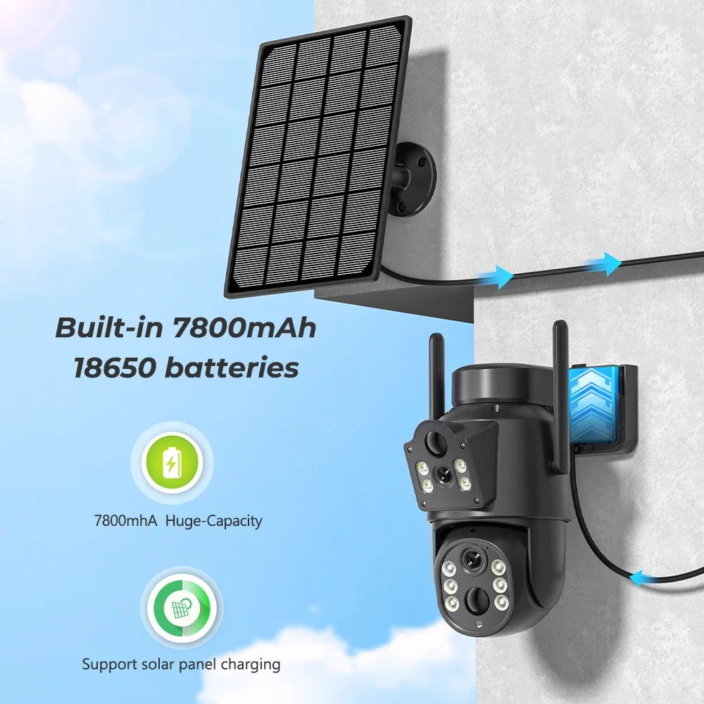 4k 8MP WIFI Solar Camera With 7800 mAh Battery Dual Lens Wireless PTZ Camera Color Night Vision Security Surveillance ICSEE