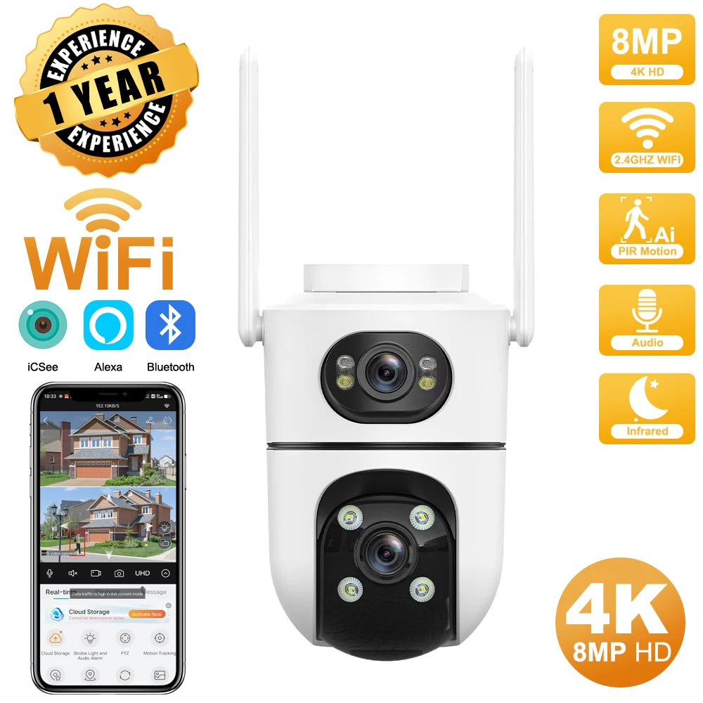 4K 8MP Dual Lens Wifi Surveillance Camera 4X Digital Zoom AI Human Detect ONVIF Wireless Outdoor Security PTZ IP Cameras