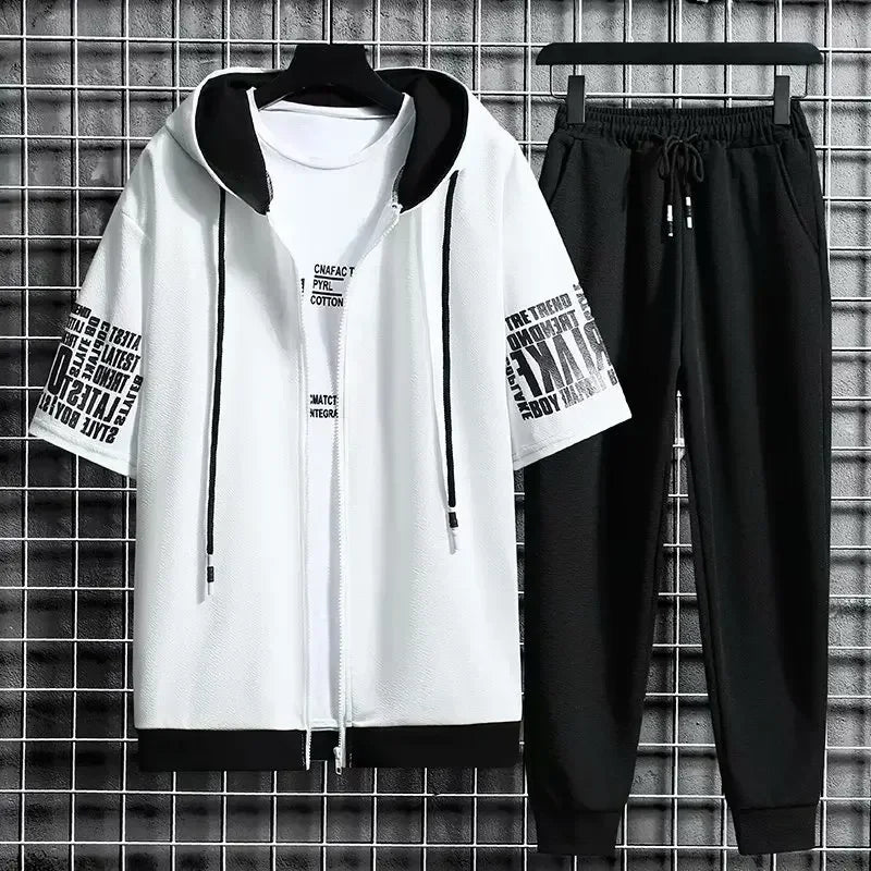 Set for Men Summer Men's Sports Suit 2-piece Print T-shirt Casual Hooded Quick Dry Running Long Pant Clothes Short Sleeve Shorts