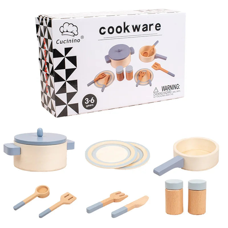 Natural Wood Children's Preschool Toys Mini Kitchen Cookware Pot Pan Cook Play House Kitchenware Cognitive Toys Gifts