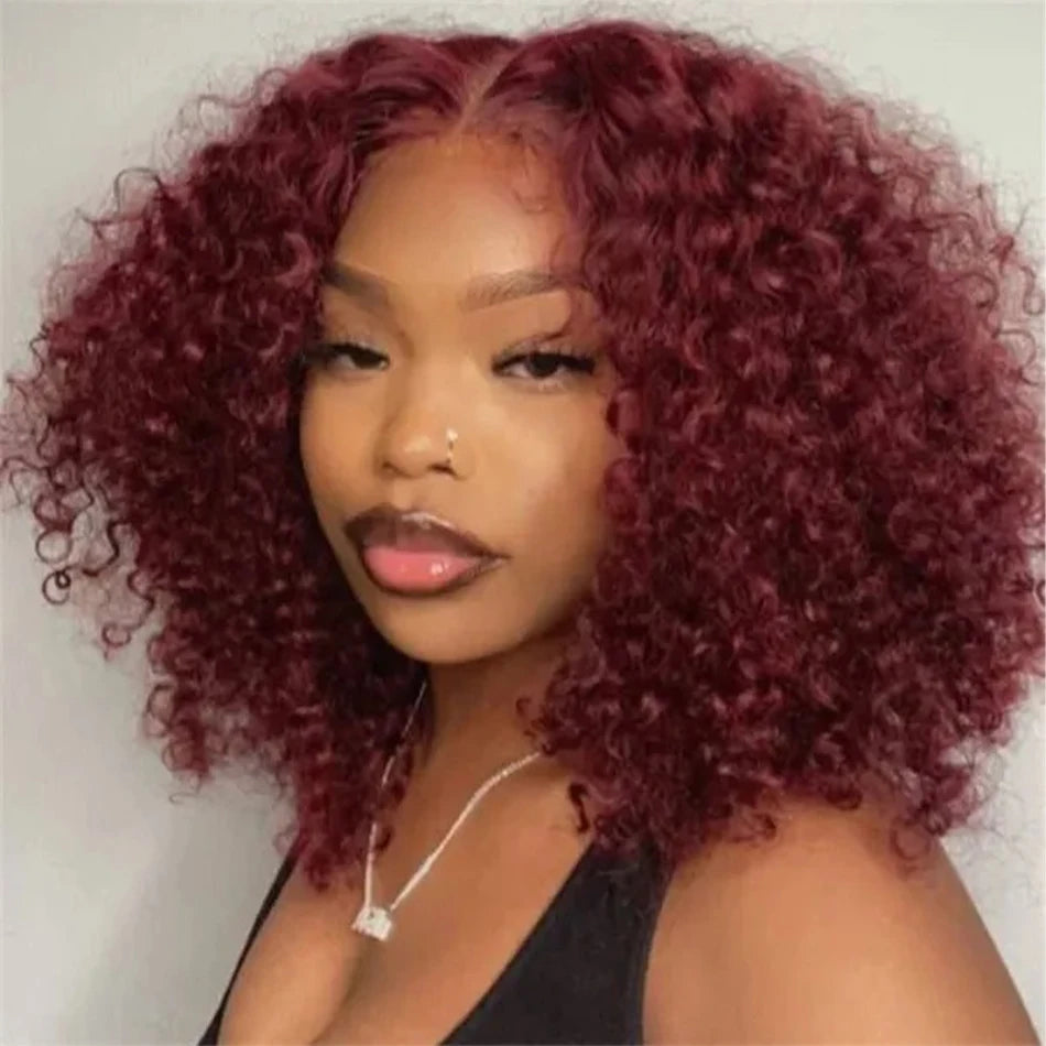 99J Colored Curly Deep Water Wave Lace Front Wig Burgundy Red Remy Short Cut Bob Frontal Human Hair Wigs Women Pre Plucked Wigs