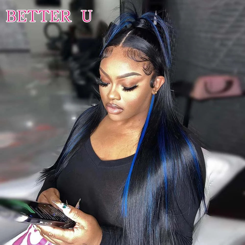 Highlighted Black With Blue 13*4 13*6 Transparent Lace Front Wig Human Hair Wig Suitable For Black Women Glueless Wig Human Hair