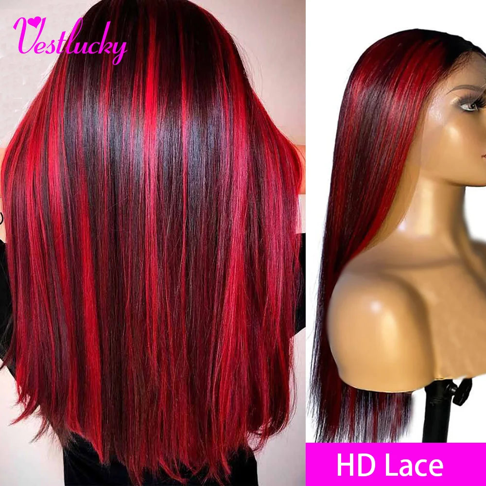 P1b Red Straight Brazilian Hair 100% Human Hair Bone Straight Gluesless Wig Red Wigs Transparent Lace Wigs for Women Human Hair