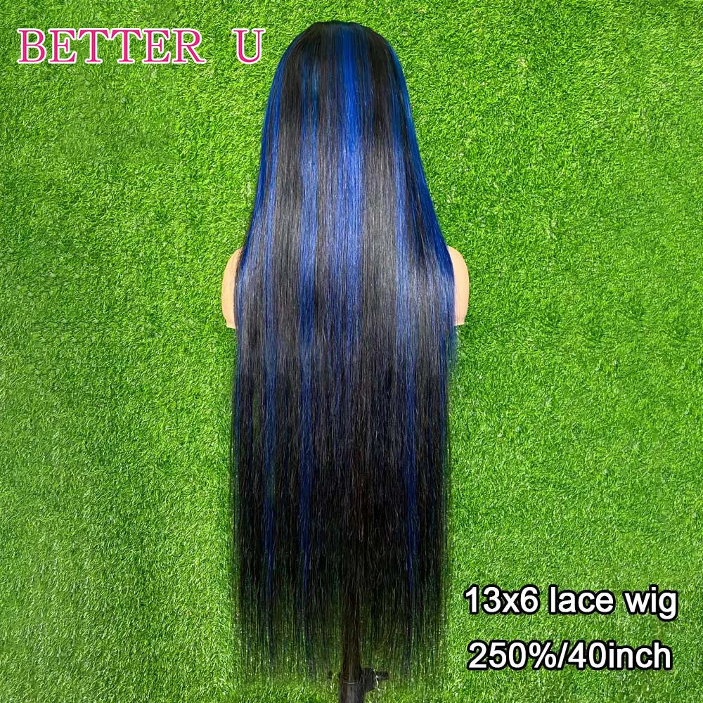 Highlighted Black With Blue 13*4 13*6 Transparent Lace Front Wig Human Hair Wig Suitable For Black Women Glueless Wig Human Hair