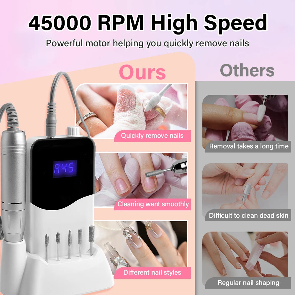 45000RPM Nail Drill Machine Portable Rechargeable Electric Nail File With HD LCD Display Professional Nail Polisher For Manicure