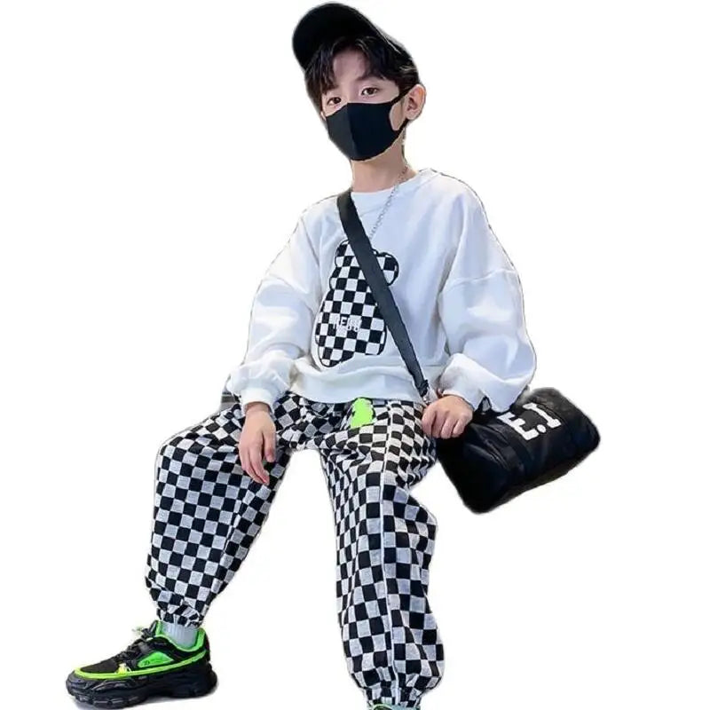 Contrast Boys Sweatshirt + Plaid Sweatpant Sets School Kids Tracksuit Students Jogger Suit Children 2 Pieces Outfits 5-16 Years