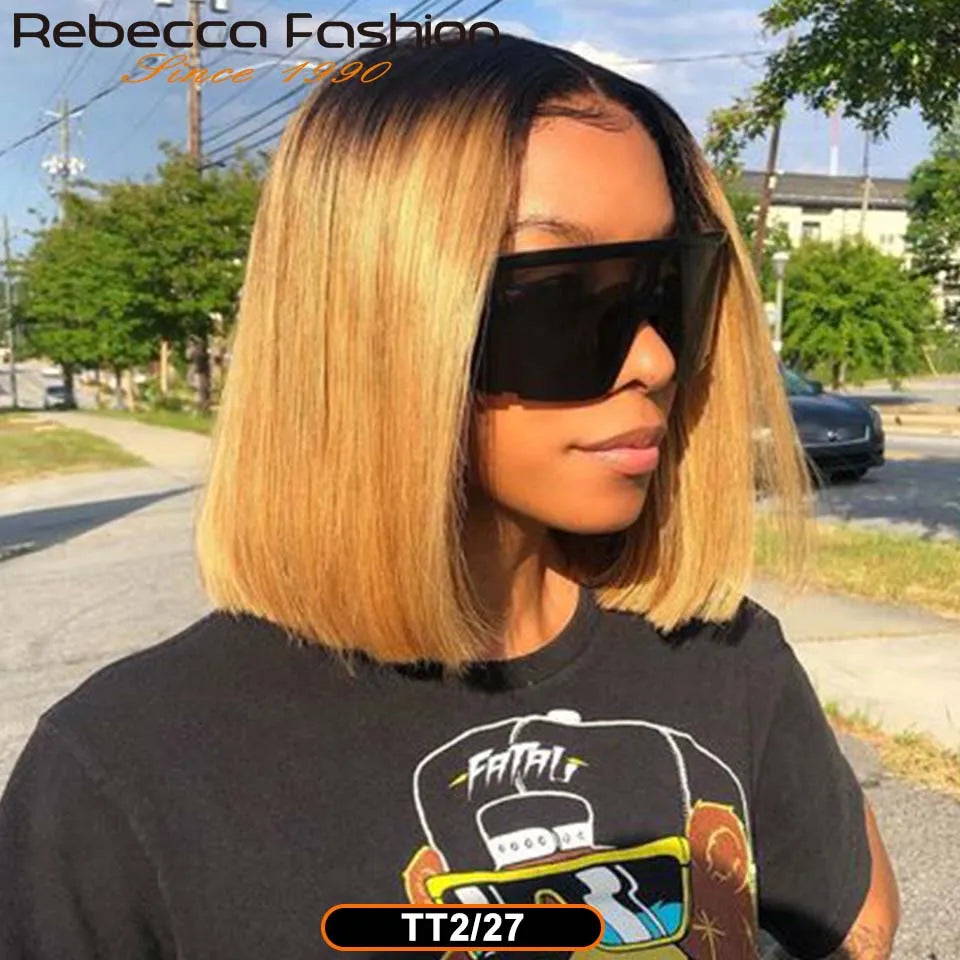 Short Cut Colored Pink Bob T Part Lace Wigs Human Hair Wigs 180D Transparent Ombre Pink Brazilian Straight Lace Front Wigs