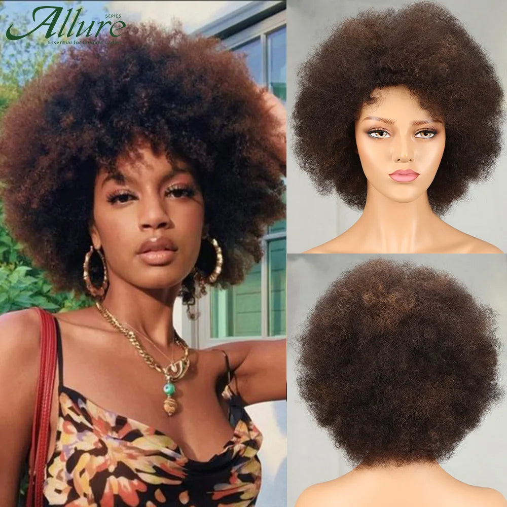 Fluffy Afro Kinky Curly Wig For Black Women Remy Brazilian Human Hair Short Sassy Wear to Go Wigs Natural Brown Burgundy Allure