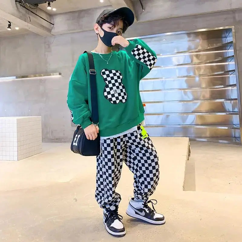 Contrast Boys Sweatshirt + Plaid Sweatpant Sets School Kids Tracksuit Students Jogger Suit Children 2 Pieces Outfits 5-16 Years