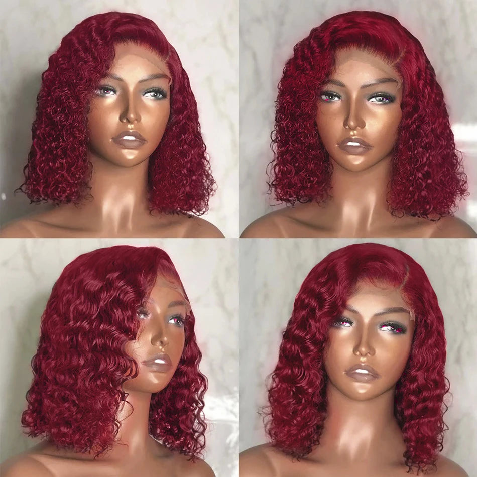 99J Colored Curly Deep Water Wave Lace Front Wig Burgundy Red Remy Short Cut Bob Frontal Human Hair Wigs Women Pre Plucked Wigs