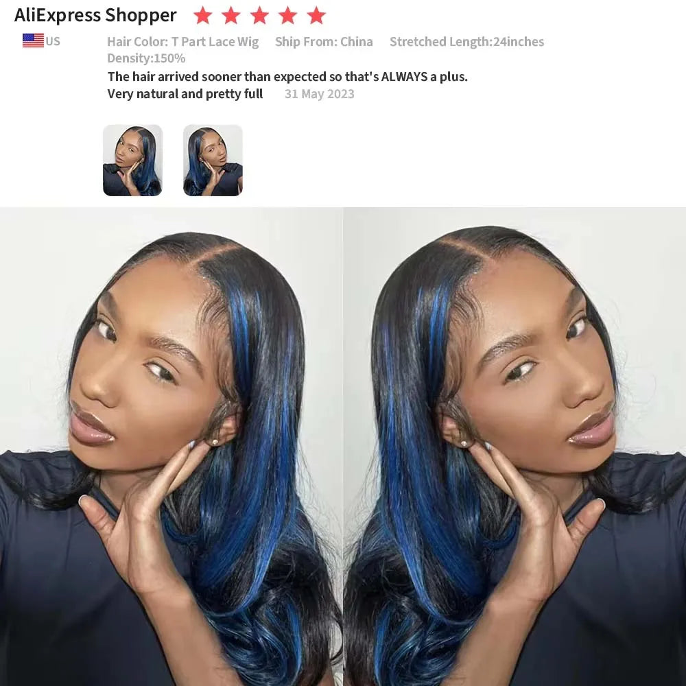 Highlighted Black With Blue 13*4 13*6 Transparent Lace Front Wig Human Hair Wig Suitable For Black Women Glueless Wig Human Hair